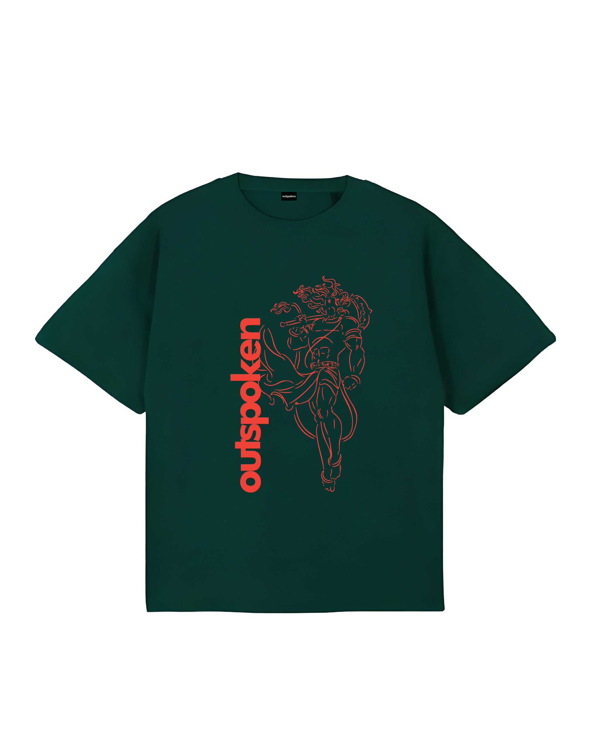 Outspoken Shiva Tandav oversized t-shirt in dark green with red graphic design and bold logo