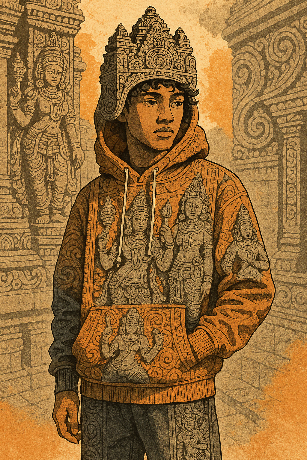 Young man wearing hoodie with Indian culture streetwear fusion featuring traditional temple art designs
