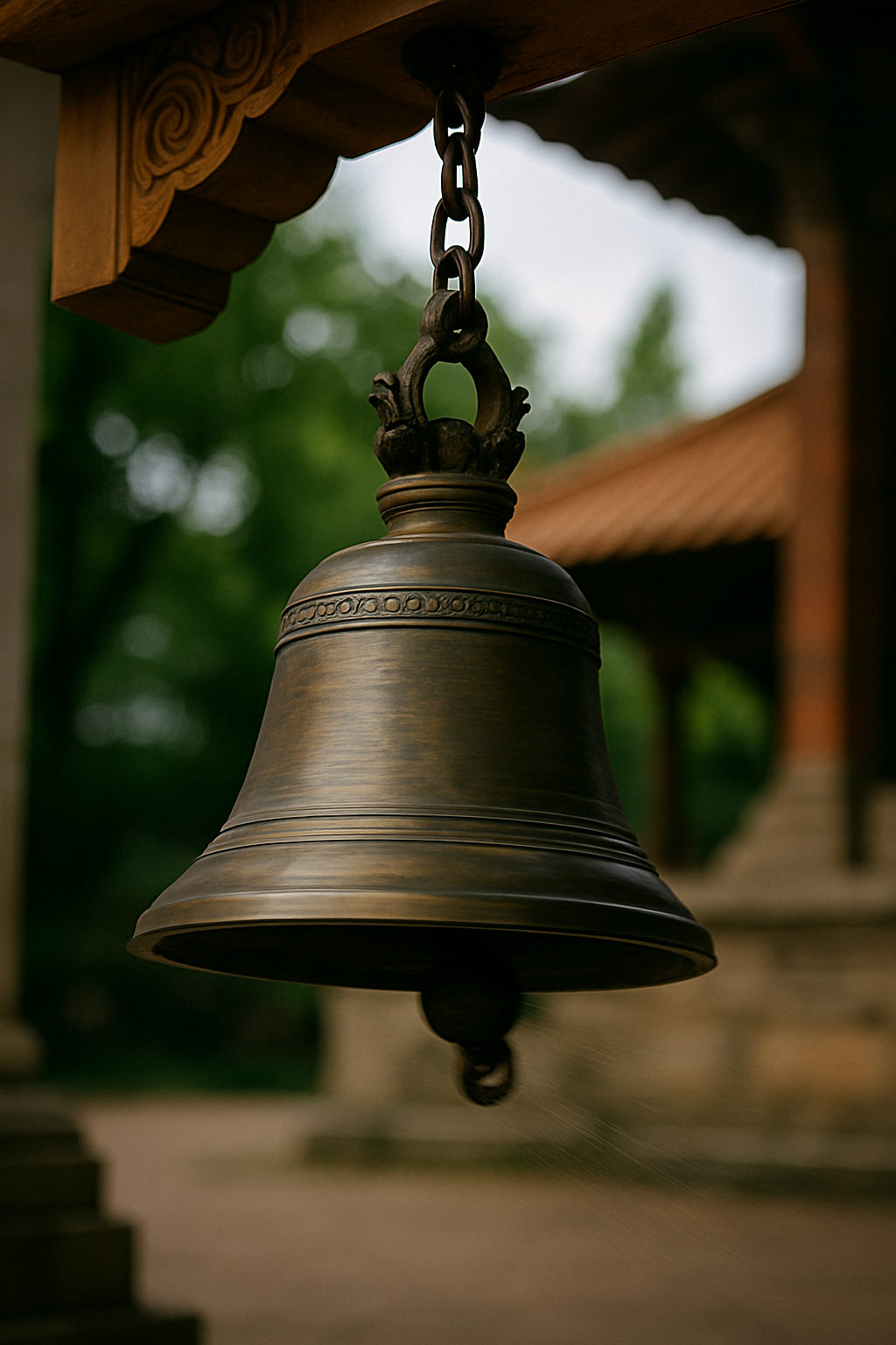 Antique bronze temple bell hanging outdoors symbolizing peace and dharma inspired clothing style