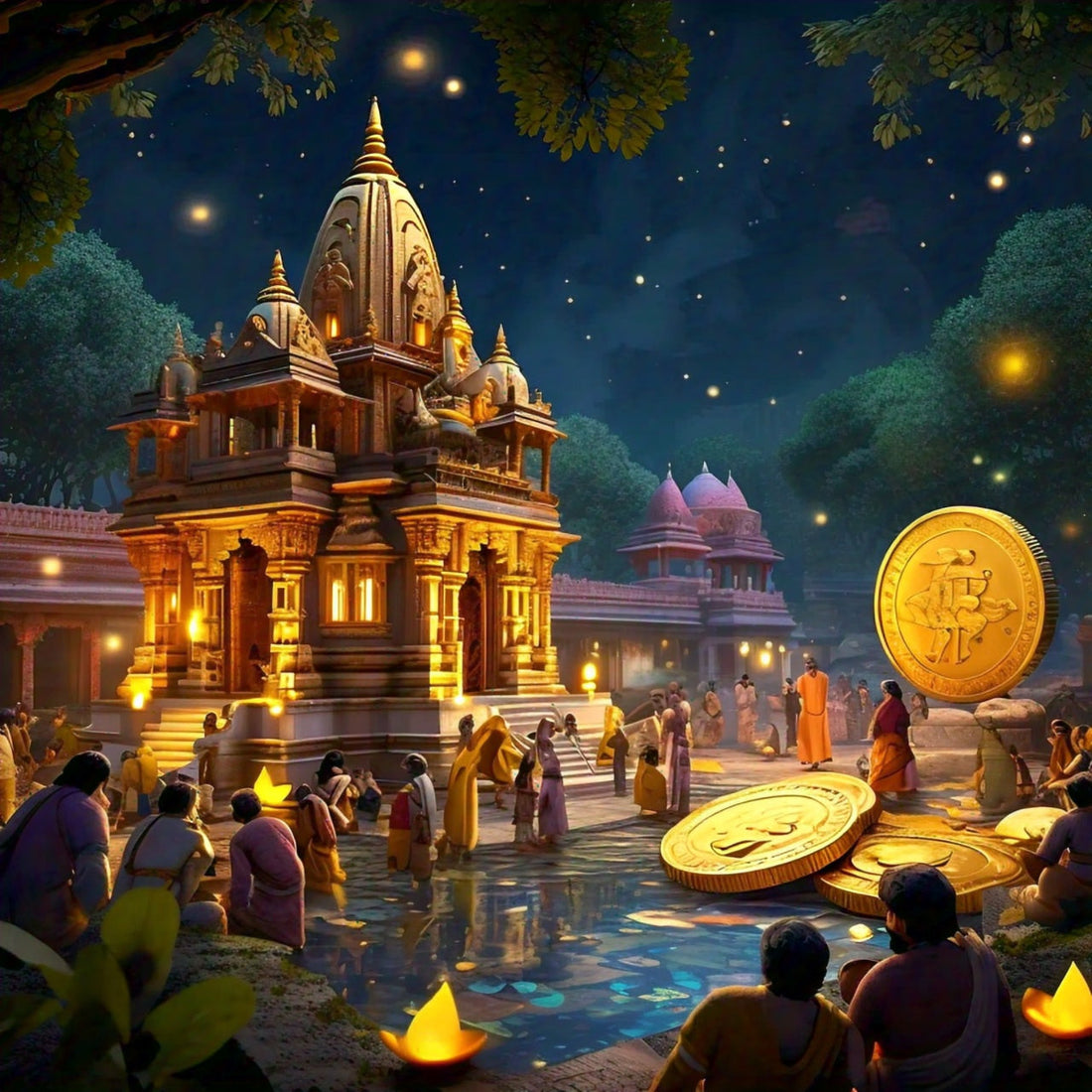 Ancient temple scene showcasing historic Indian art influence with people gathered at night near water and glowing lamps