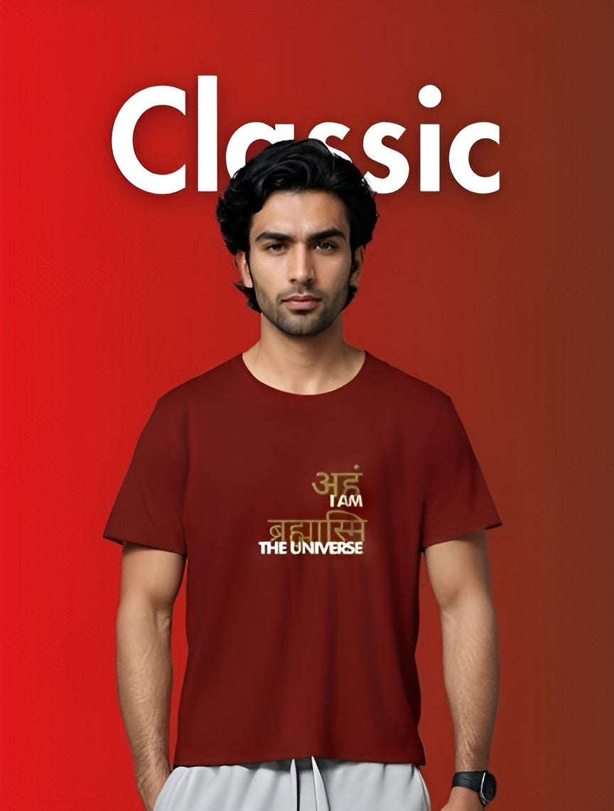 Man wearing a red men's classic fit controversy shirts with a cosmic design against a red background