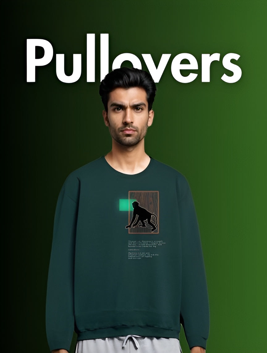 Man wearing green Indian history sweatshirts for men with a graphic design on front against dark green background