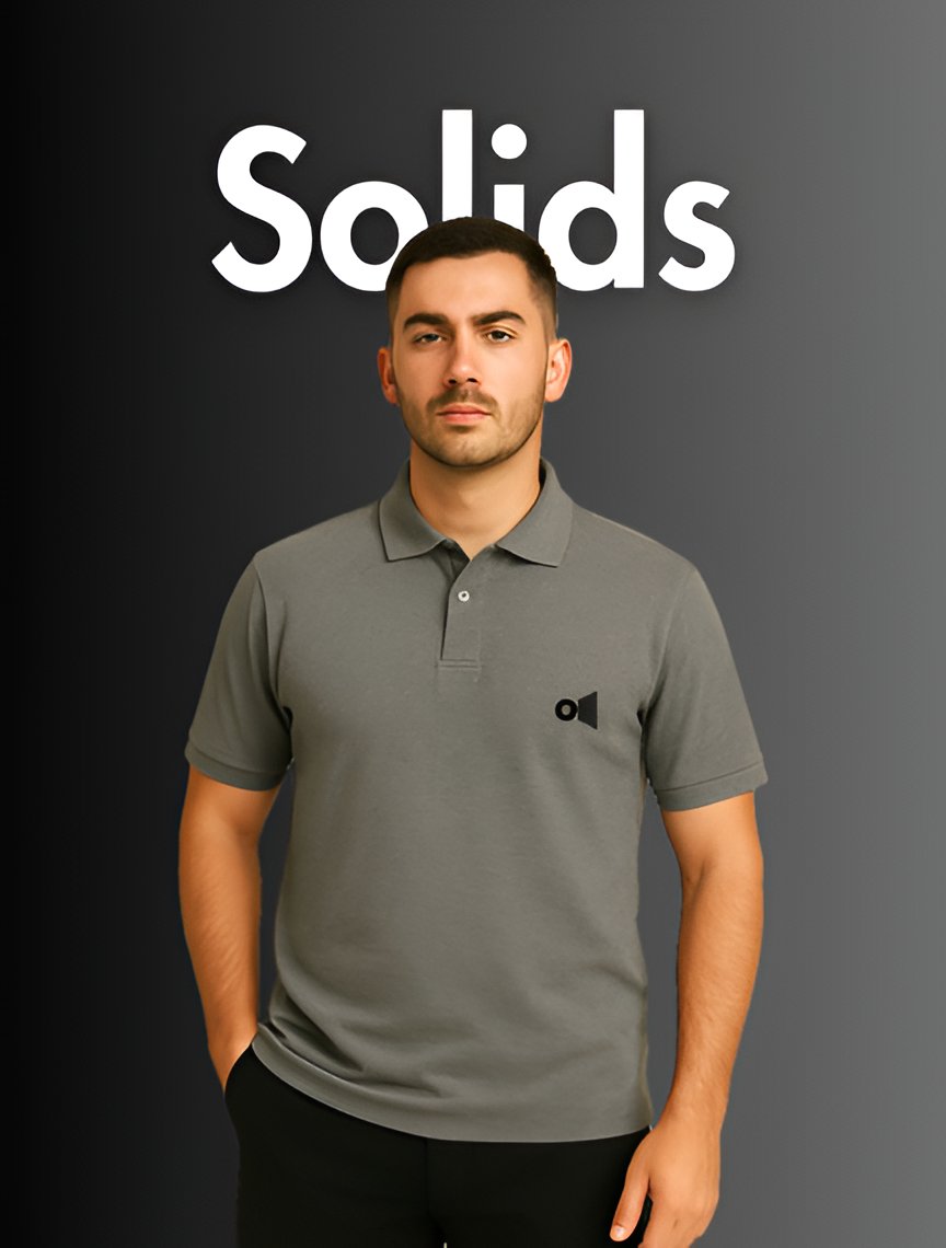 Man wearing classic mens solid color tees polo shirt in gray with short sleeves and collar
