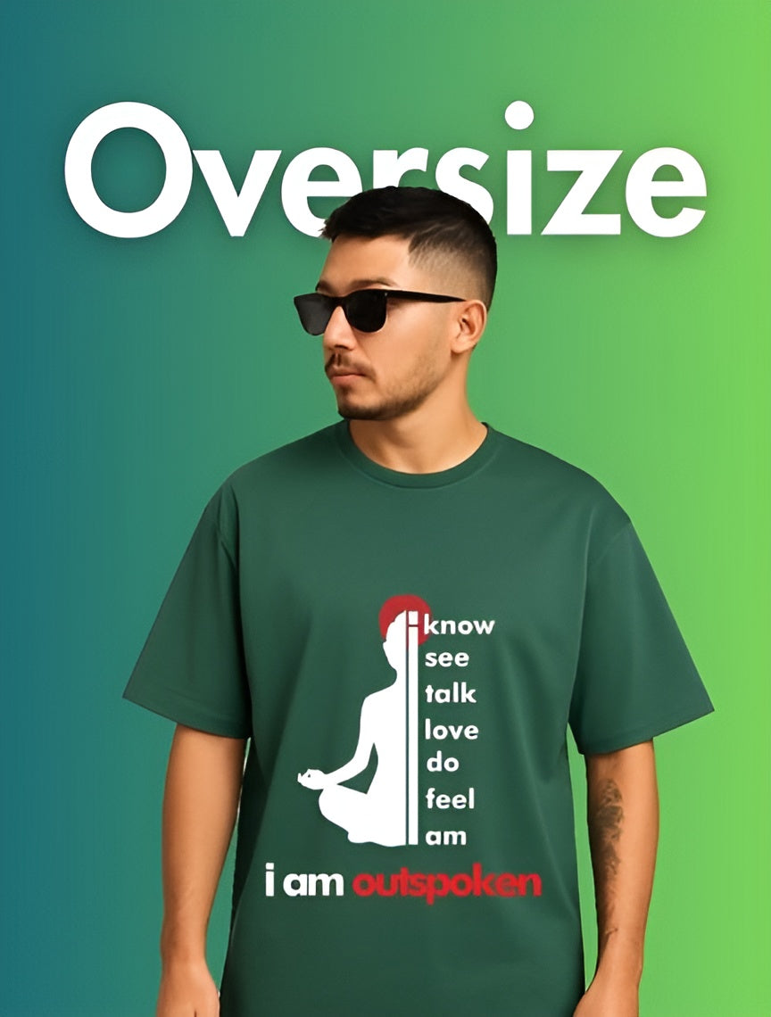 Man wearing green bold design oversized t-shirts with meditation graphic and outspoken text