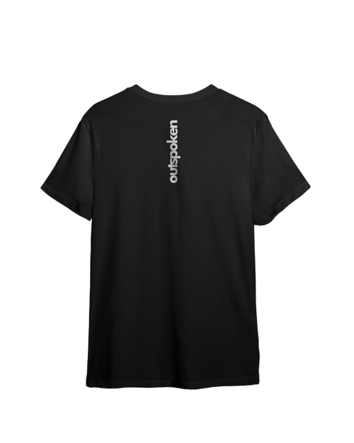 Black Ahimsa Parmo Dharma t-shirt from Outspoken with vertical white logo on back