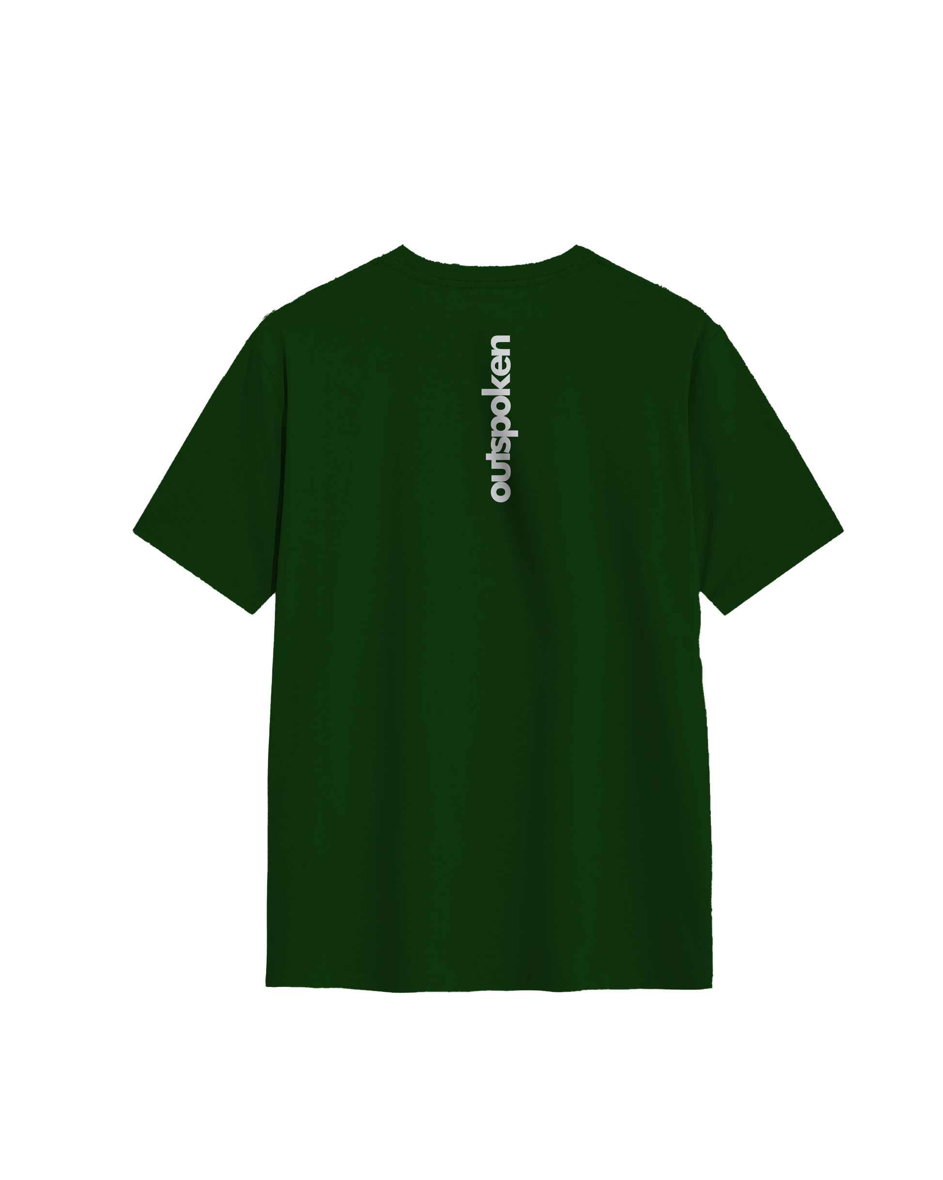 Outspoken dark green Ahimsa Parmo Dharma t-shirt with white vertical logo on the back