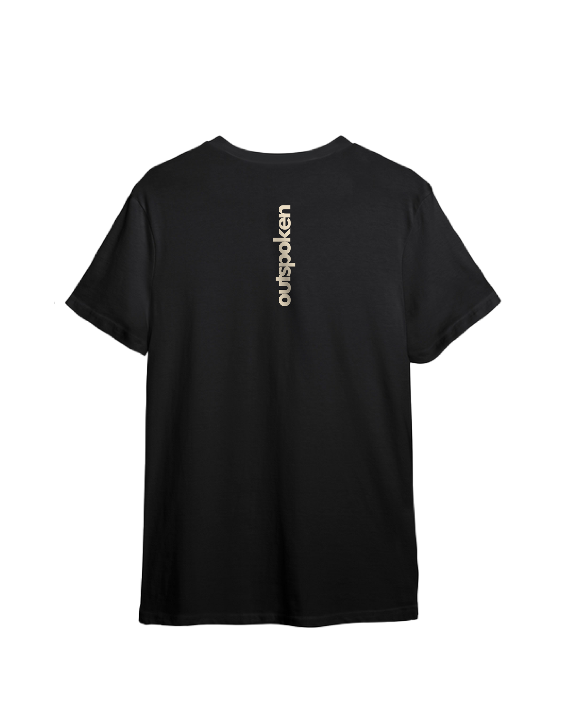 Black Outspoken Indian history graphic tee showing back with vertical logo print