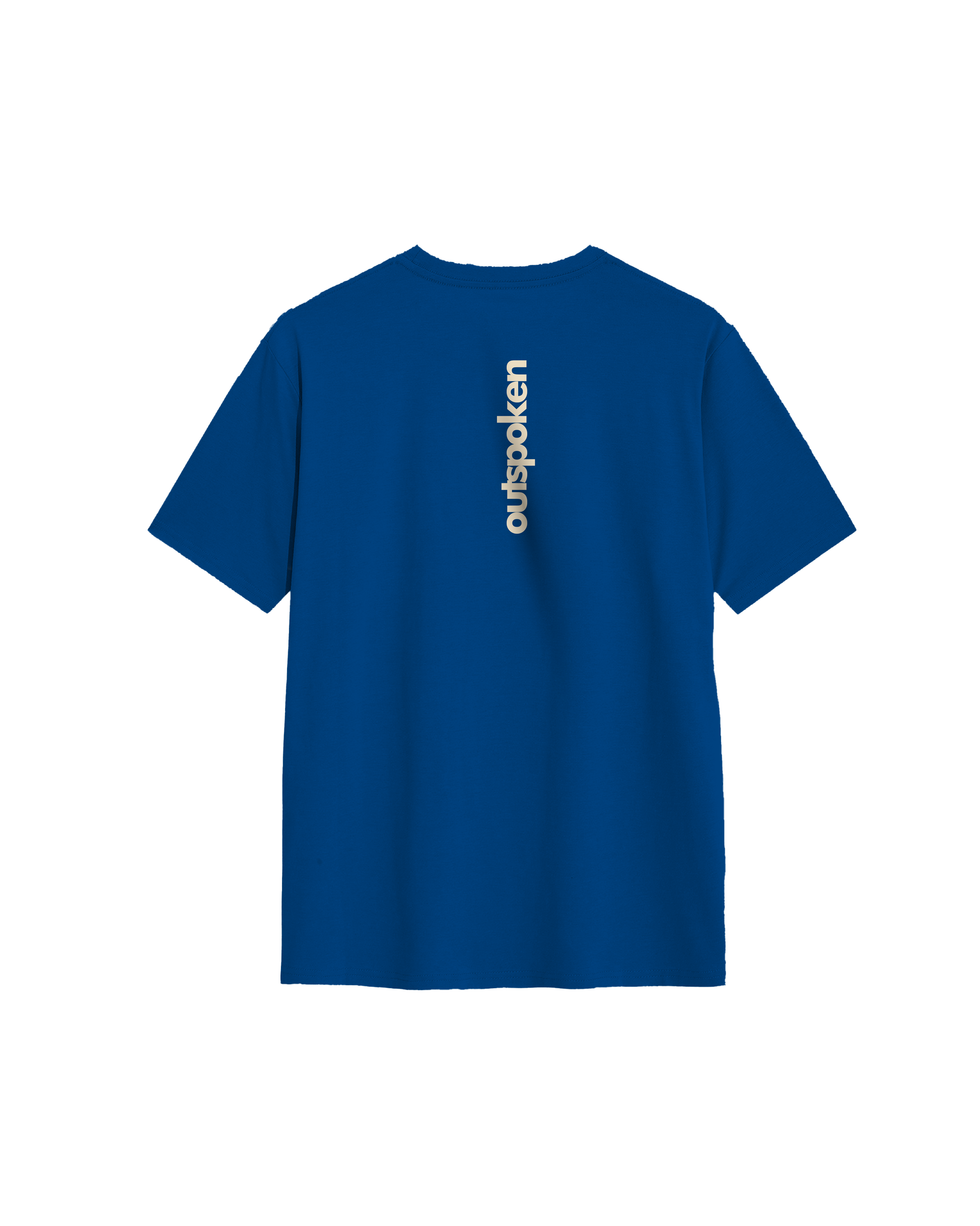 Blue Outspoken t-shirt featuring vertical logo on back Indian history graphic tee