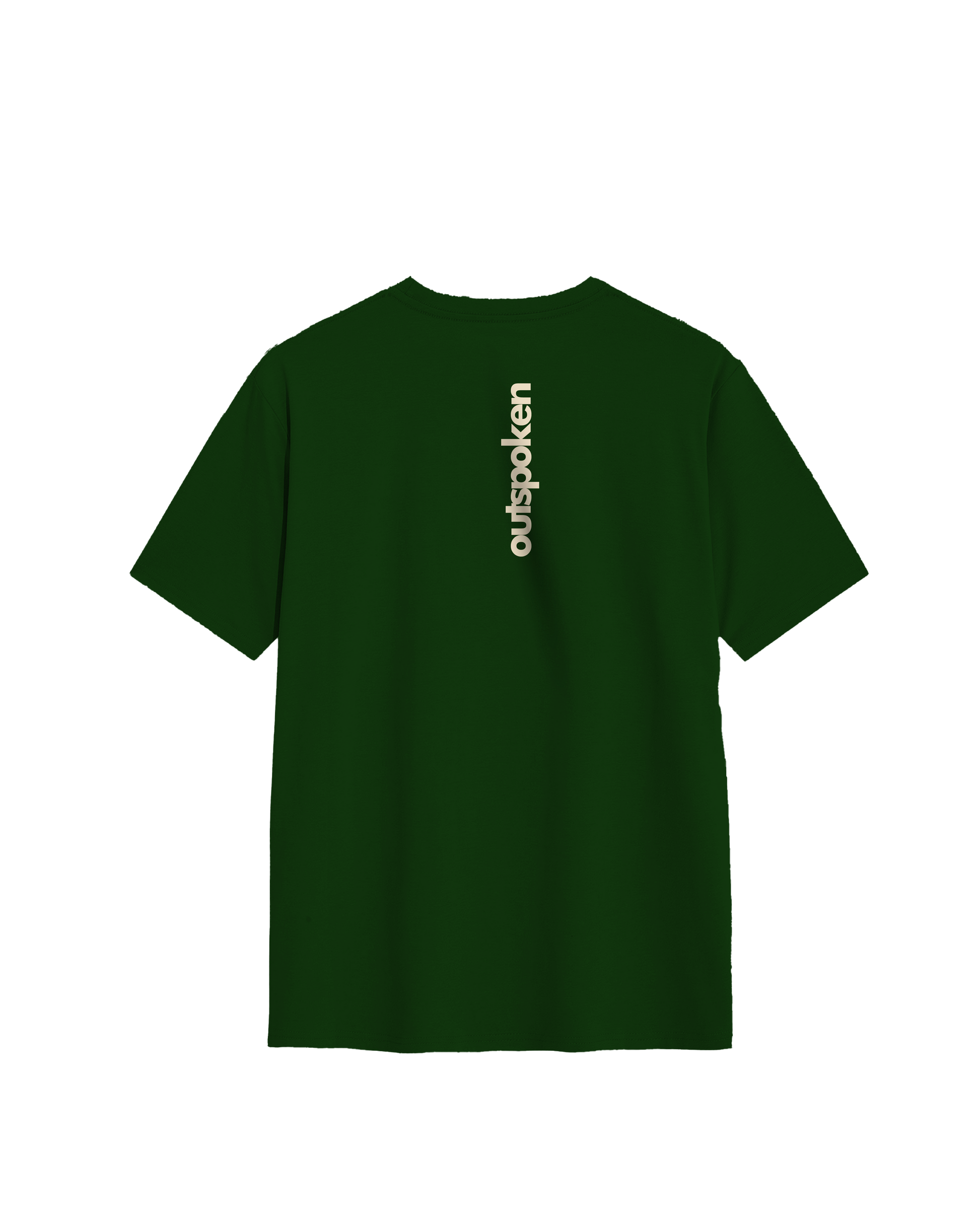 Dark green Outspoken Indian history graphic tee with vertical logo on the back