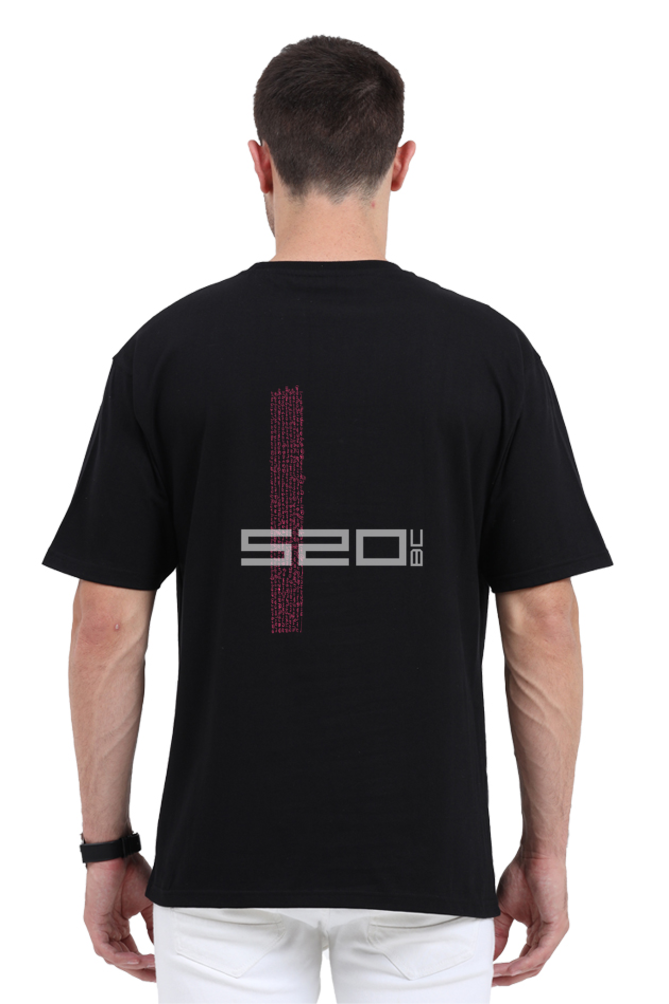 Outspoken black Indian history graphic tee with 520 BCE text and red design on back worn by male model