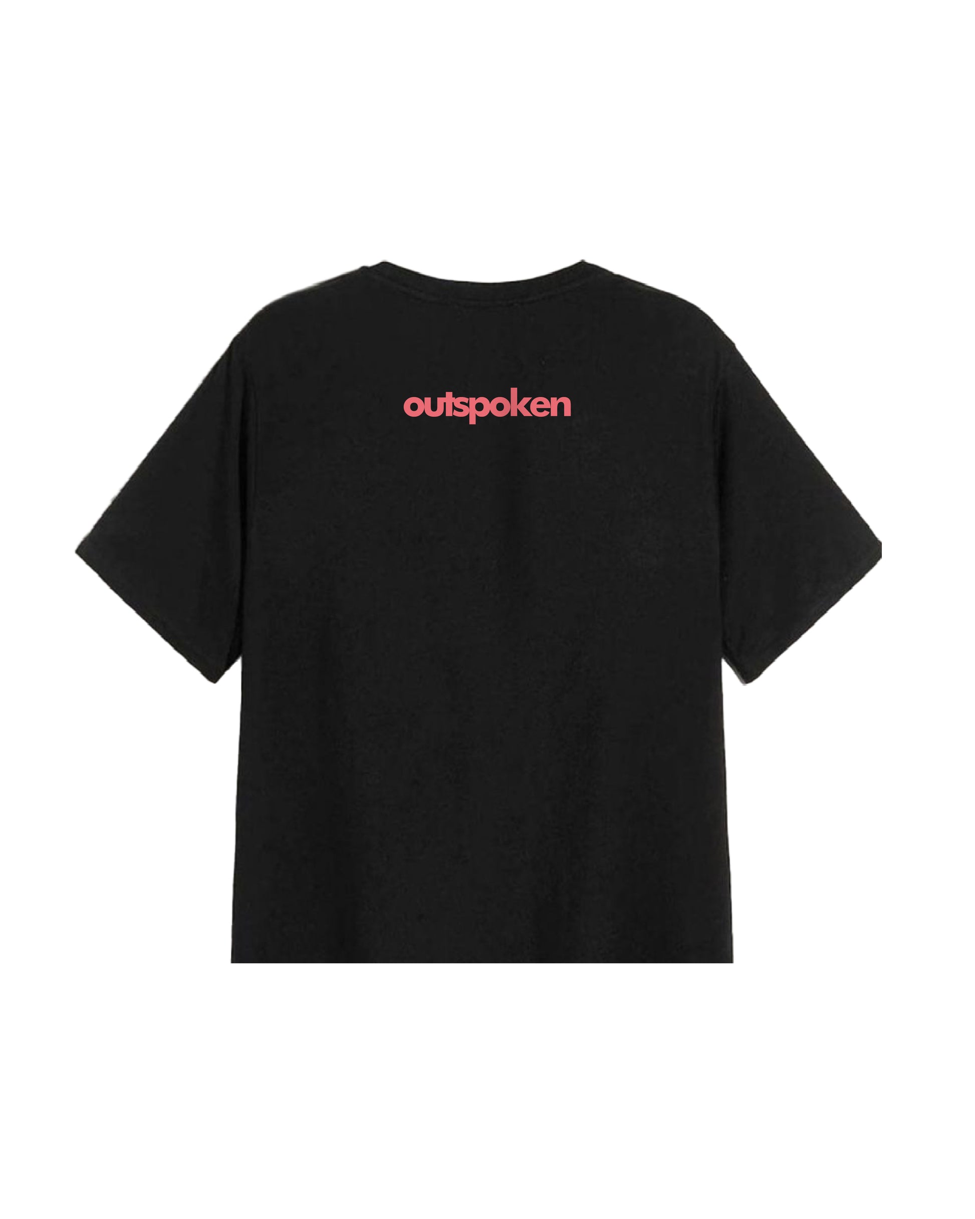 Black Outspoken Indian history graphic tee showing back with pink Outspoken logo