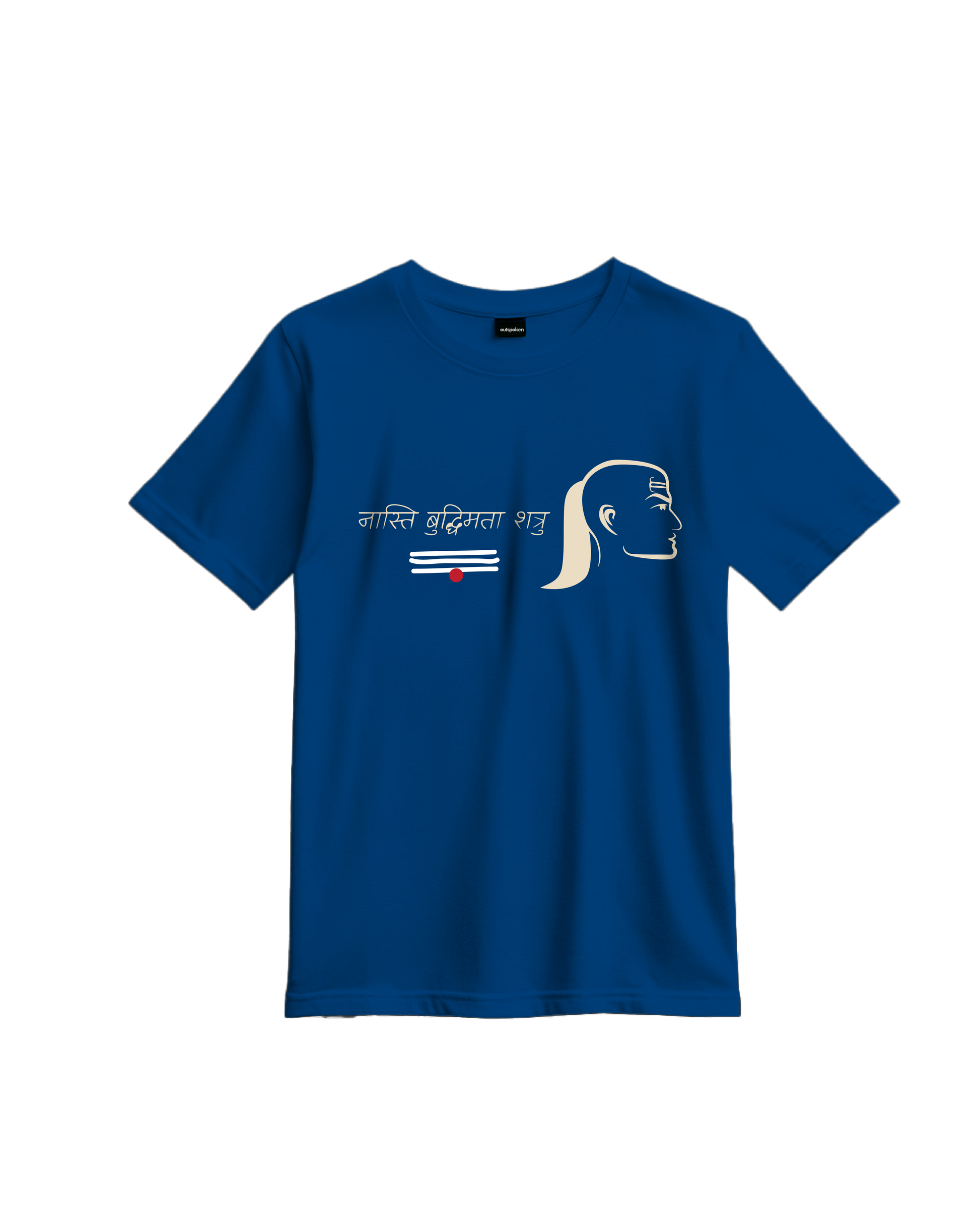 Outspoken Indian history graphic tee in blue with ancient Indian warrior profile and Sanskrit text