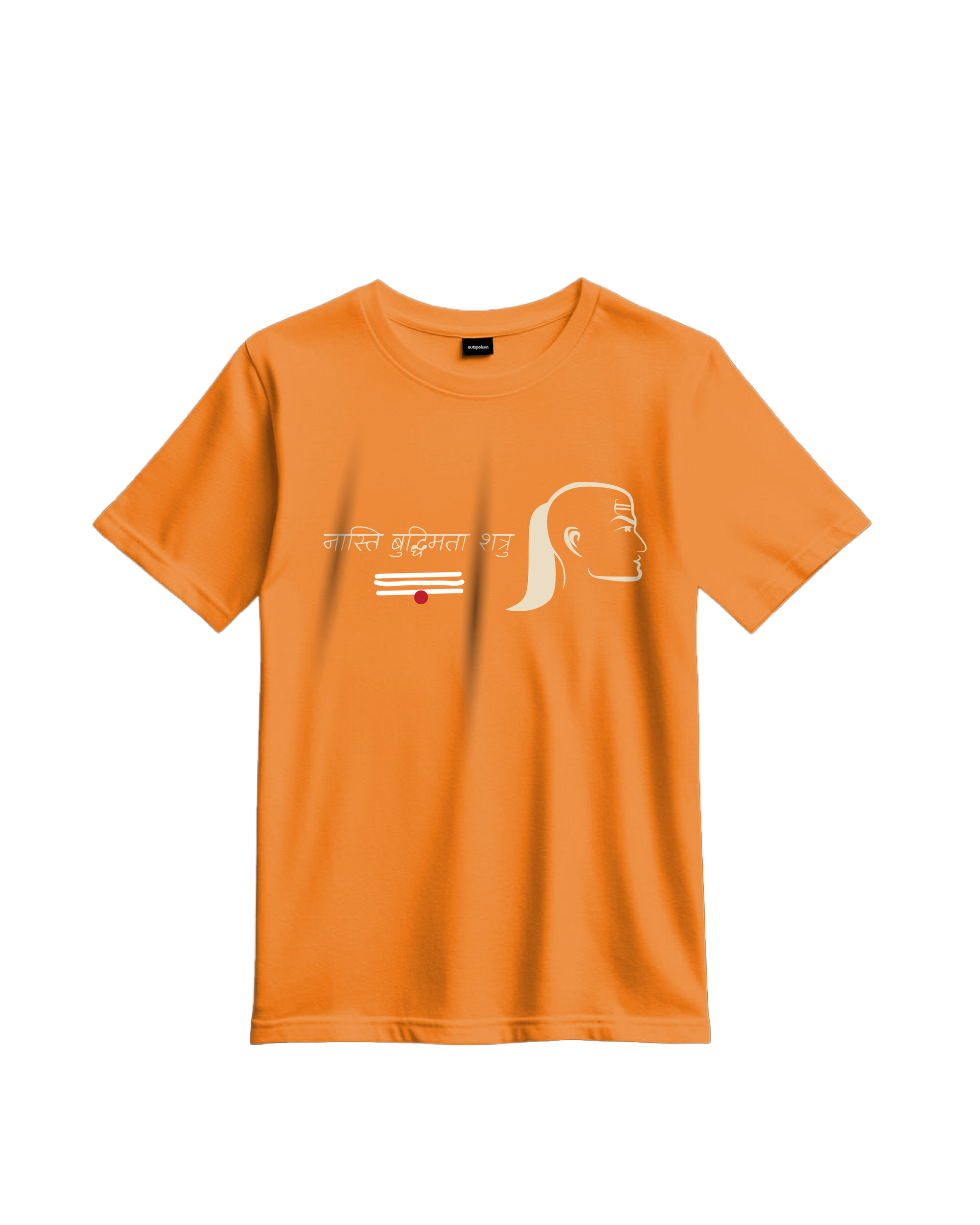 Orange Outspoken Indian history graphic tee with white historical figure outline and text design
