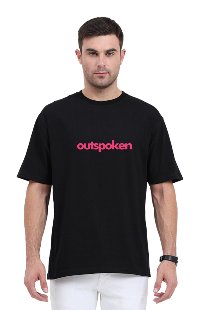 Outspoken black Indian history graphic tee with pink logo worn by male model