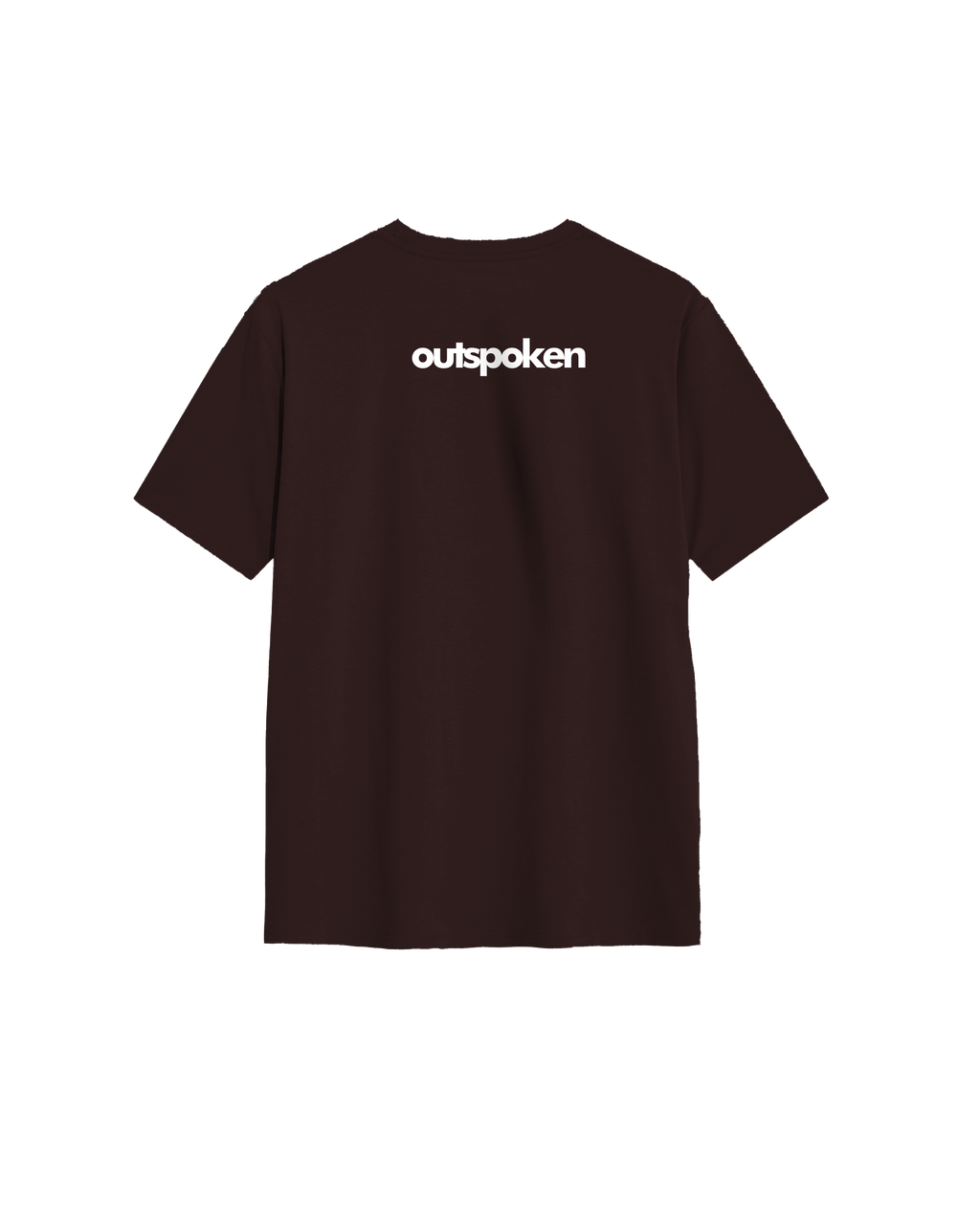 Back view of Outspoken classic fit lotus shirt in dark color with white logo printed on the upper back