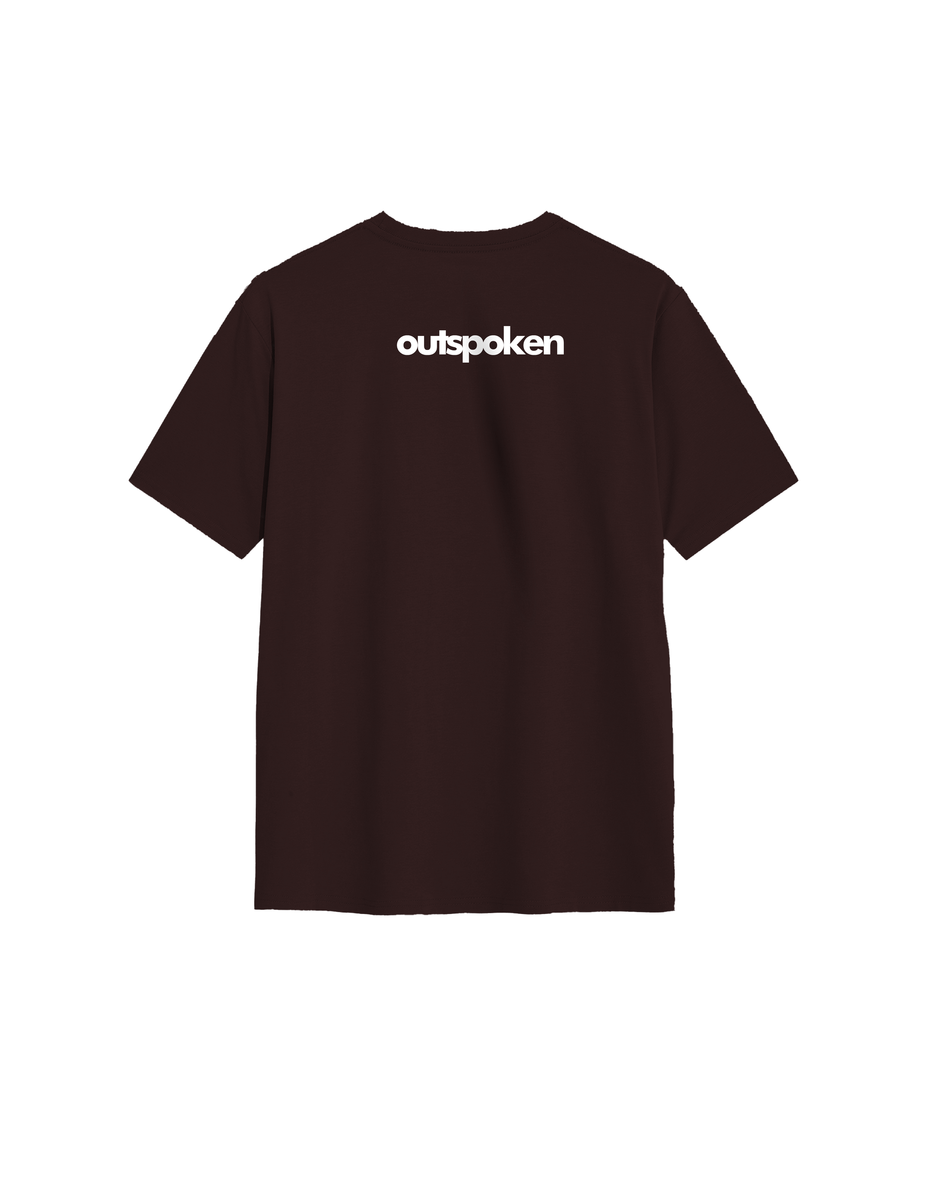 Back view of Outspoken classic fit lotus shirt in dark color with white logo printed on the upper back