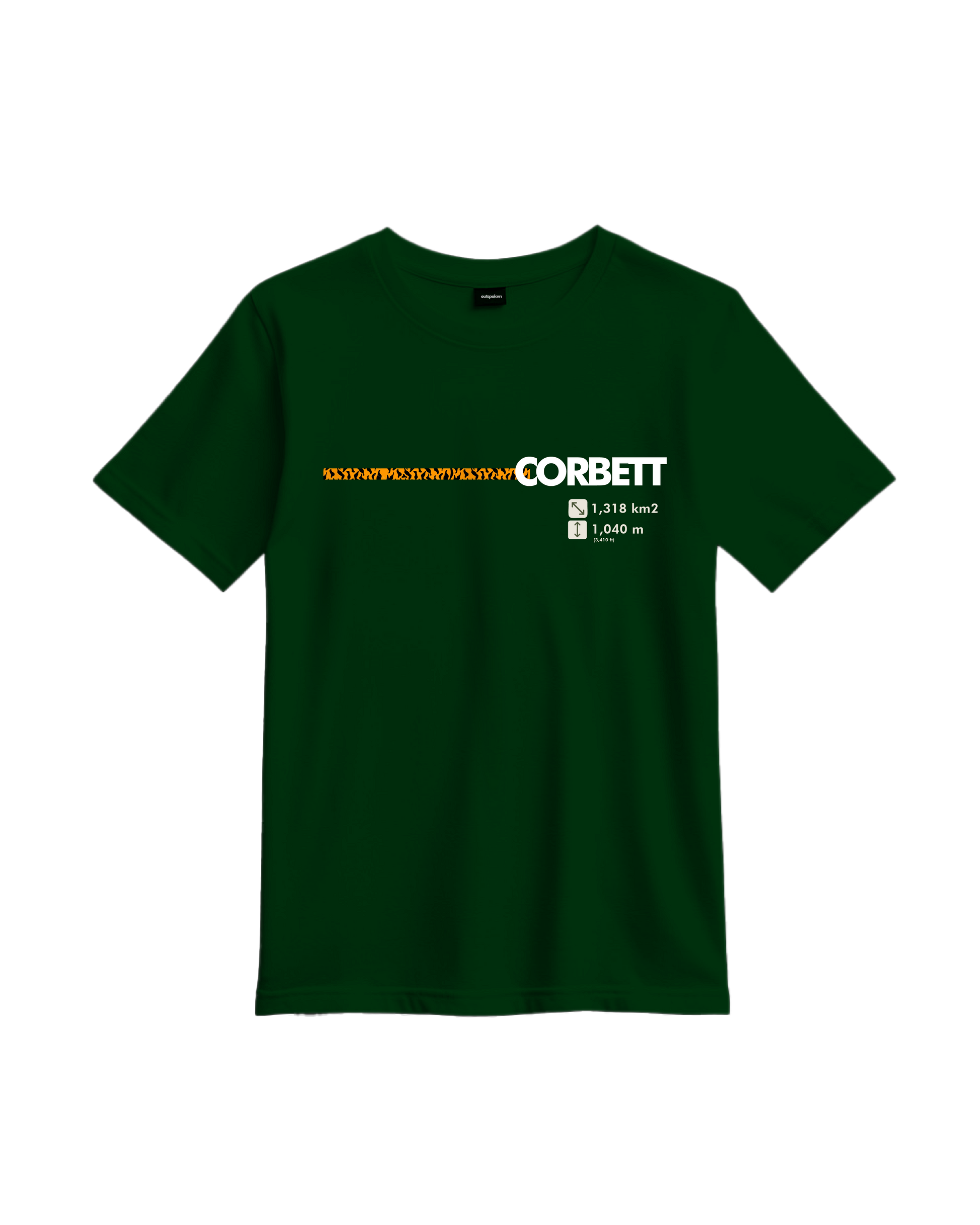 Dark green Corbett classic fit t-shirt with white and orange graphic text on front by Outspoken