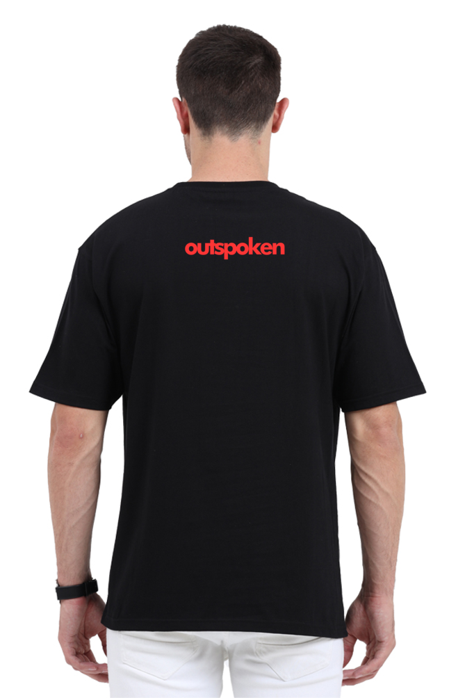 Back view of a man wearing Outspoken Ek Baat Bolu oversized t-shirt in black with red logo