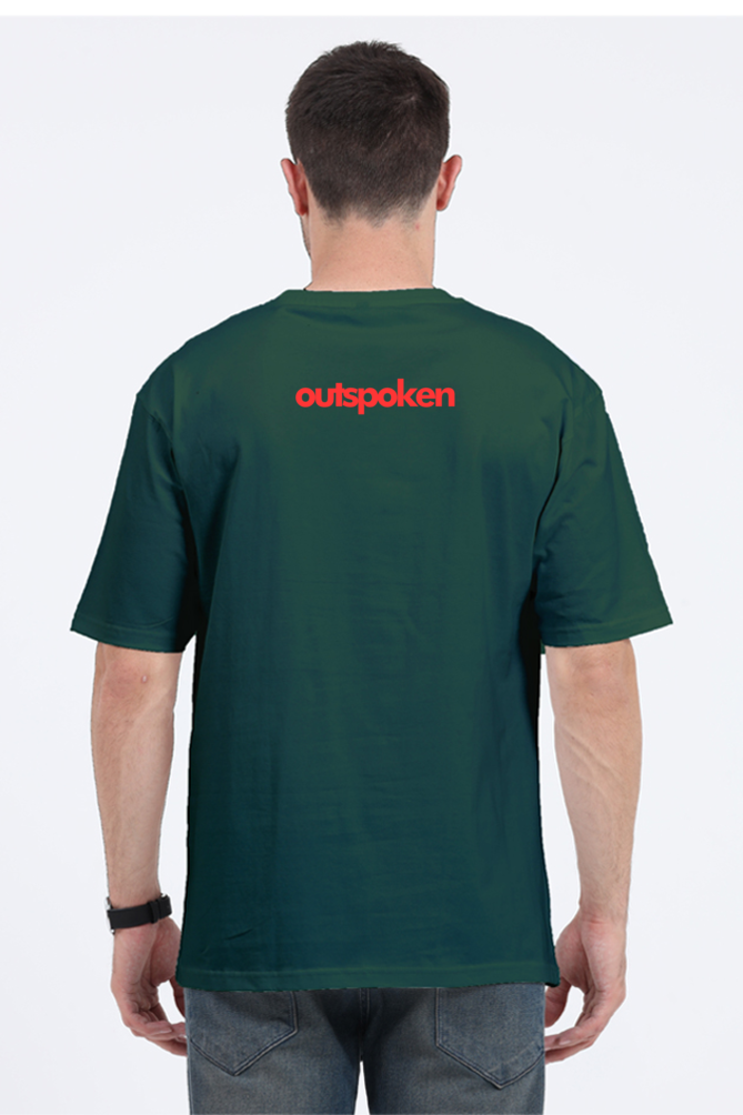 Back view of a man wearing a dark green Ek Baat Bolu oversized t-shirt with Outspoken logo