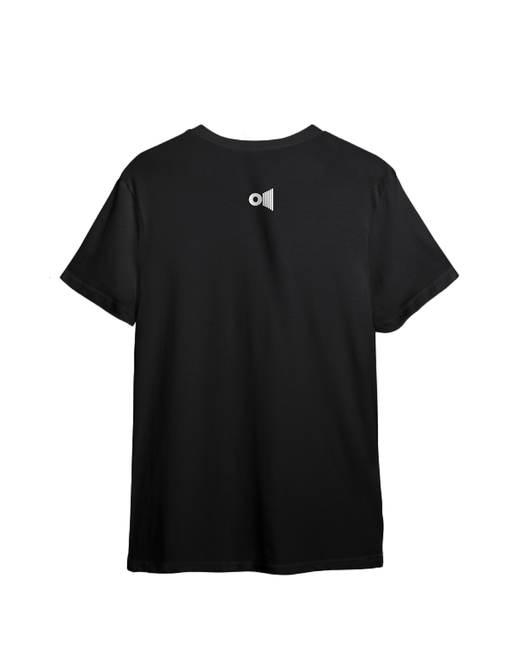 Outspoken black Emperor Ashoka t-shirt shown from the back with a small logo near the neckline