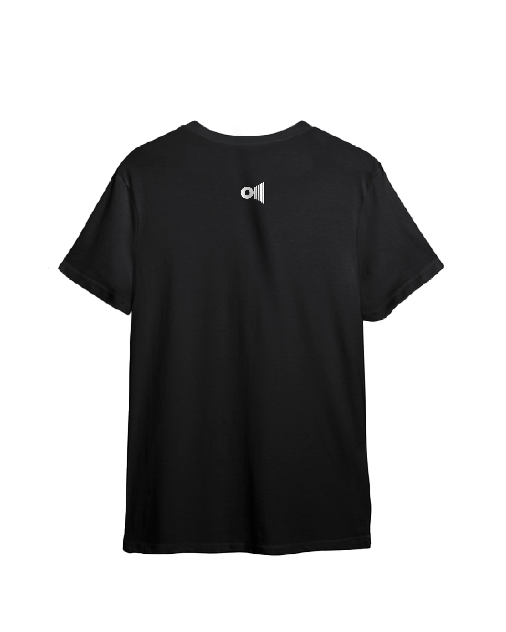 Outspoken black Emperor Ashoka t-shirt shown from the back with a small logo near the neckline