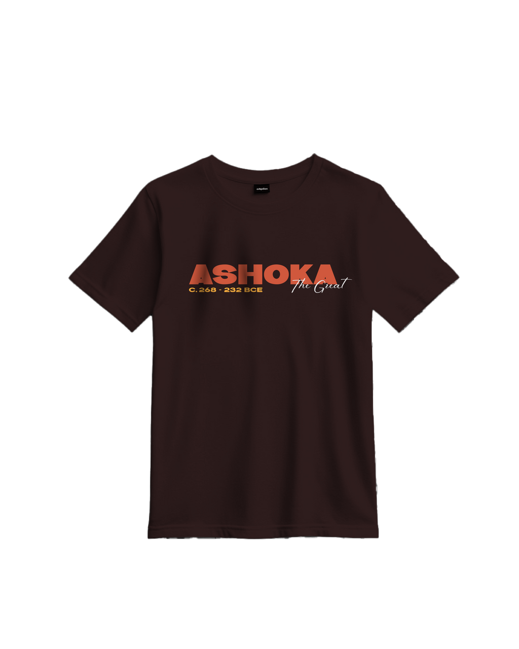 Outspoken Emperor Ashoka t-shirt in dark brown with orange and white graphic text design