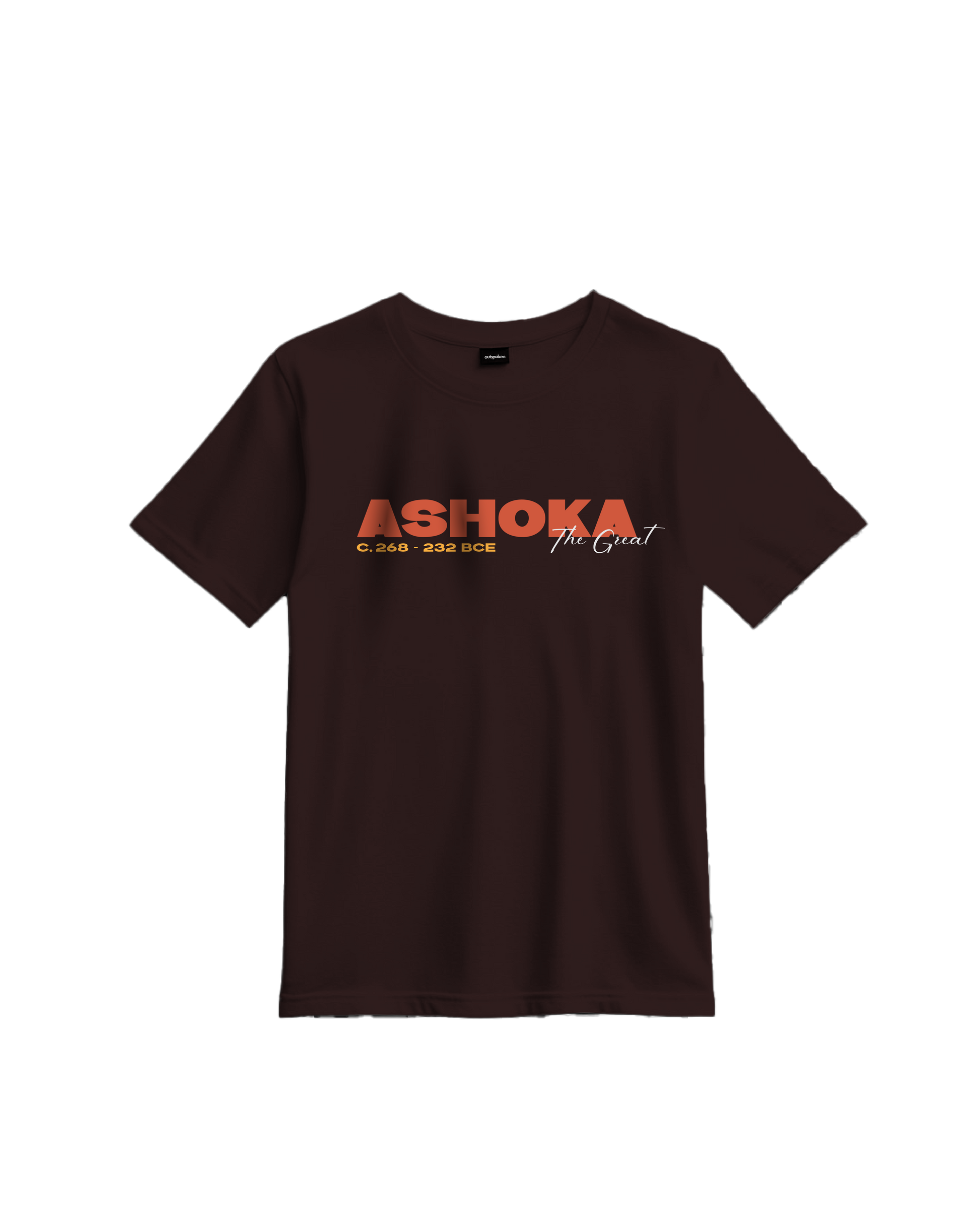 Outspoken Emperor Ashoka t-shirt in dark brown with orange and white graphic text design