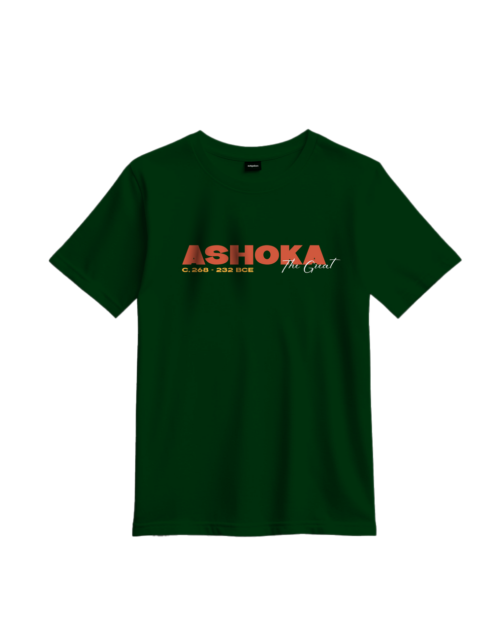 Outspoken Emperor Ashoka t-shirt in dark green with Ashoka the Great text printed on front