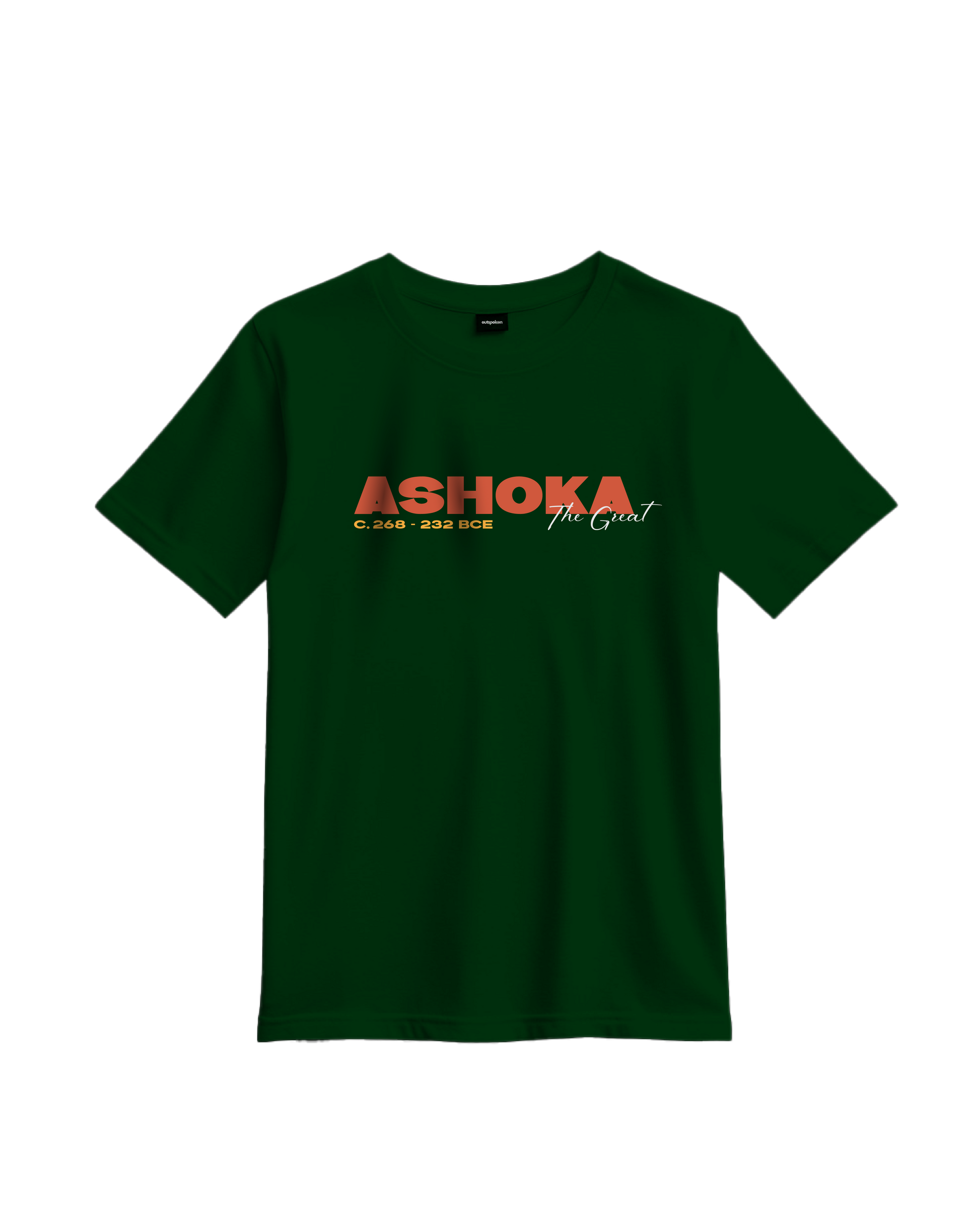 Outspoken Emperor Ashoka t-shirt in dark green with Ashoka the Great text printed on front