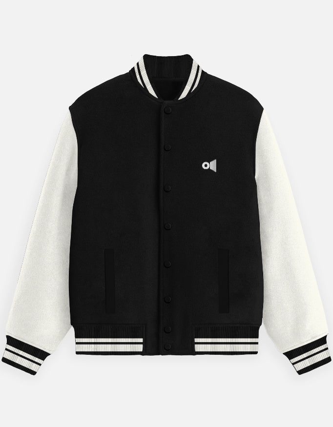 Outspoken historical Indian varsity jacket in black with white sleeves and striped cuffs