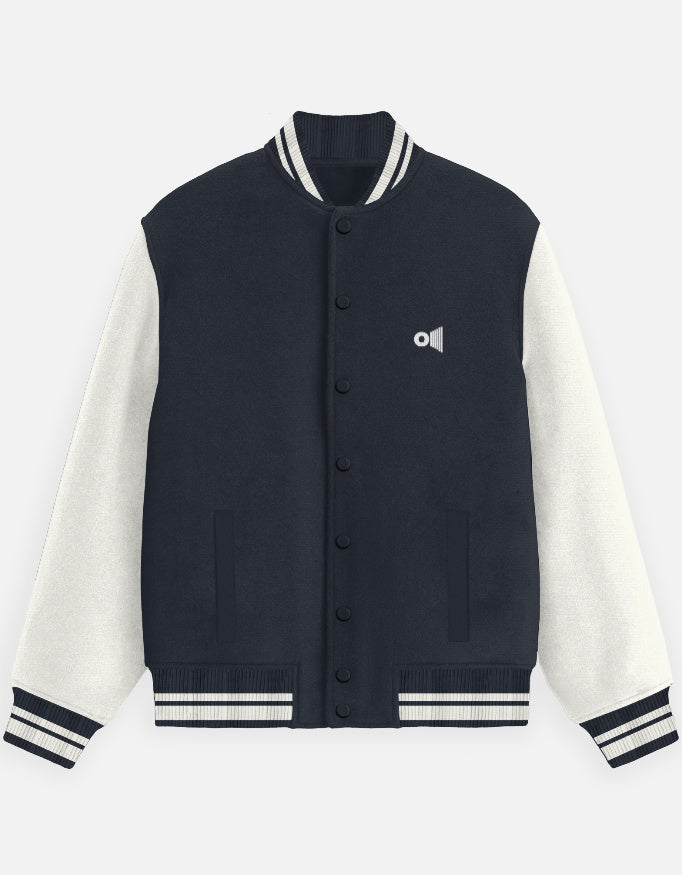 Outspoken historical Indian varsity jacket with navy body and white sleeves featuring striped collar and cuffs