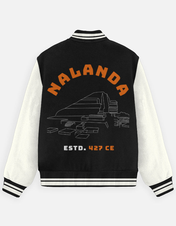 Outspoken black and white historical Indian varsity jacket with Nalanda design and ESTD 427 CE text