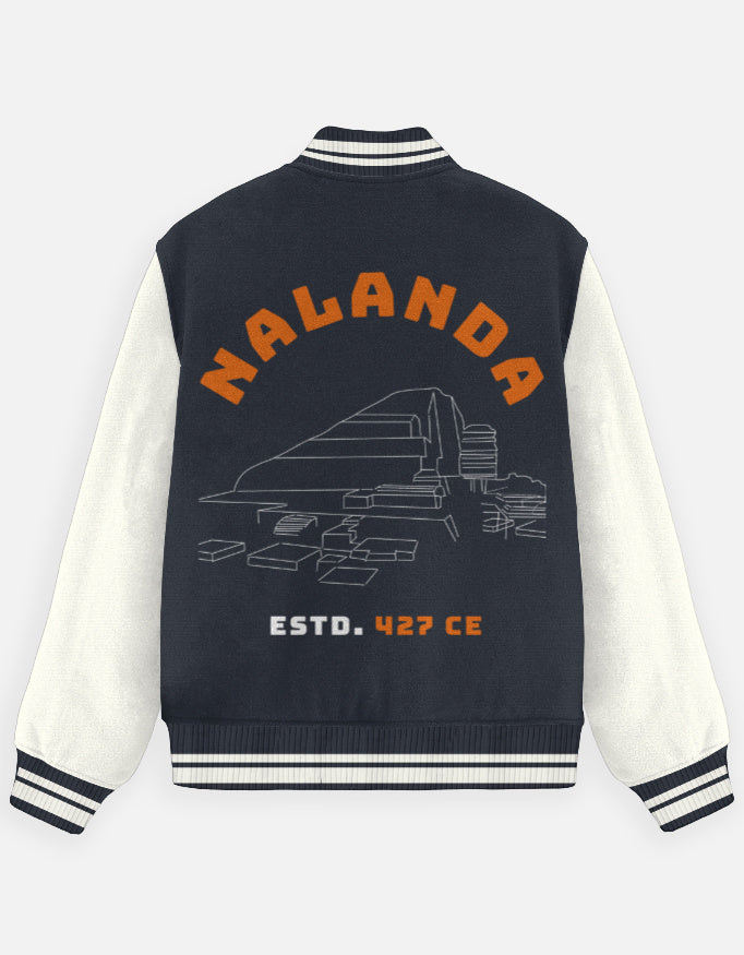 Outspoken historical Indian varsity jacket with Nalanda graphic and ESTD 427 CE text on back