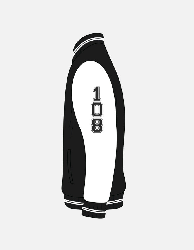 Black and white historical Indian varsity jacket with number 108 on the sleeve by Outspoken