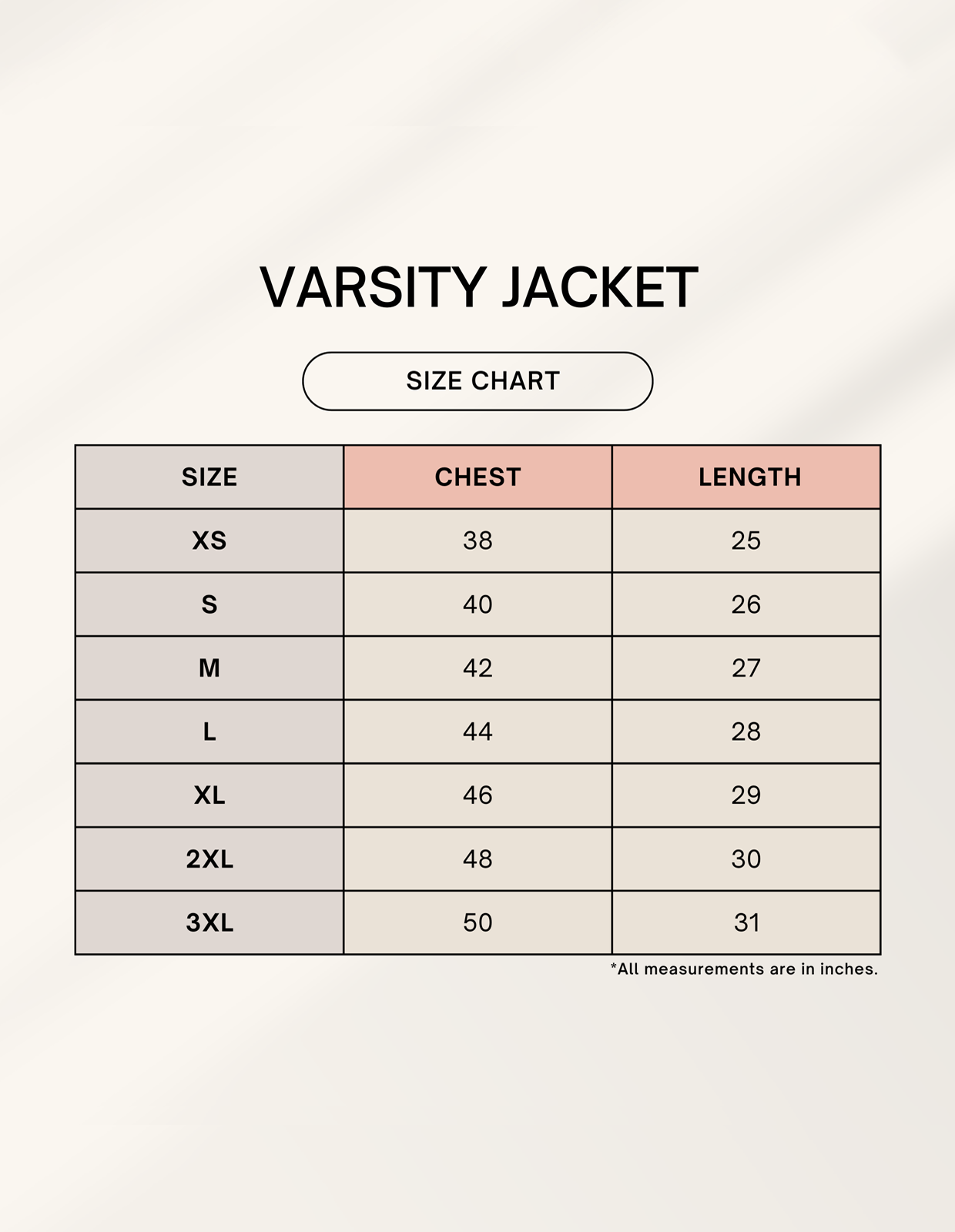 Size chart for historical Indian varsity jacket showing chest and length measurements in inches