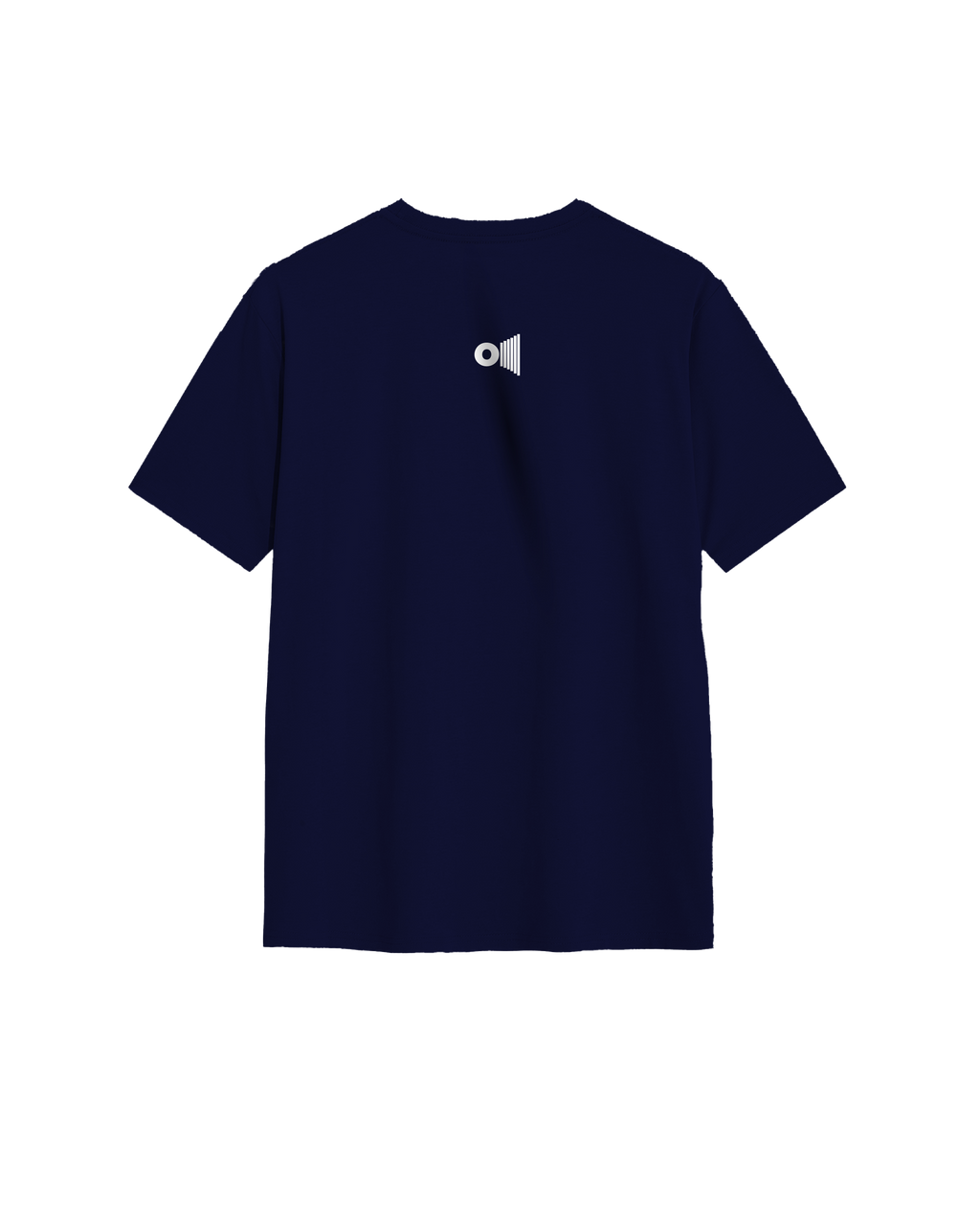 Outspoken navy blue Indian culture statement tee with a small white speaker icon on the back