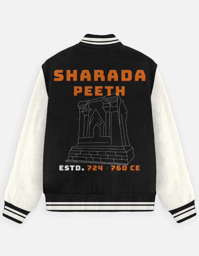 Outspoken black and white varsity jacket featuring Shabada Peeth monument with Indian heritage streetwear design