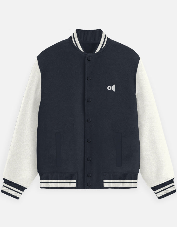 Outspoken Indian heritage varsity jacket in navy and white with striped collar and cuffs