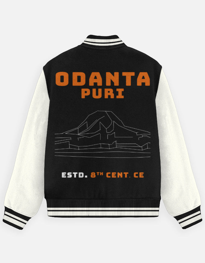 Outspoken Indian heritage varsity jacket with black body white sleeves and Odanta Puri design