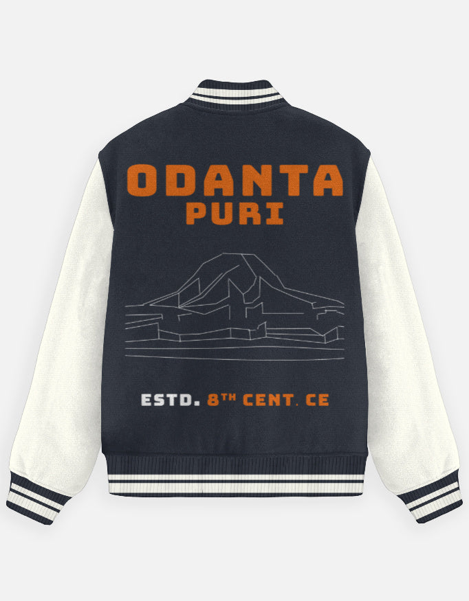 Outspoken Indian heritage varsity jacket with Odisha Odanta Puri print and striped cuffs