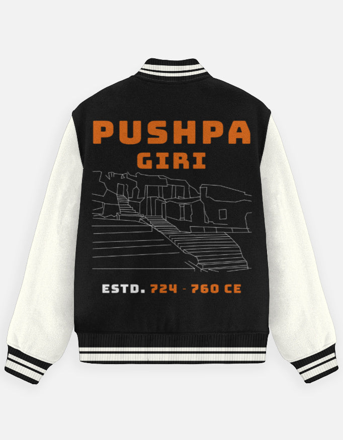 Outspoken Indian heritage varsity jacket with Pushpa Giri print and historical design on black and white sleeves
