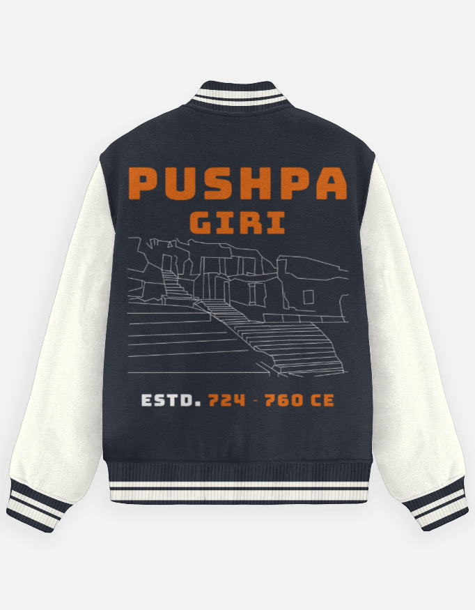 Outspoken Indian heritage varsity jacket with Pushpa Giri design and classic black and white sleeves