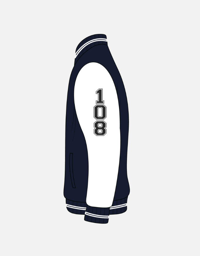 Outspoken Indian heritage varsity jacket with navy body and white sleeves featuring 108 number detail