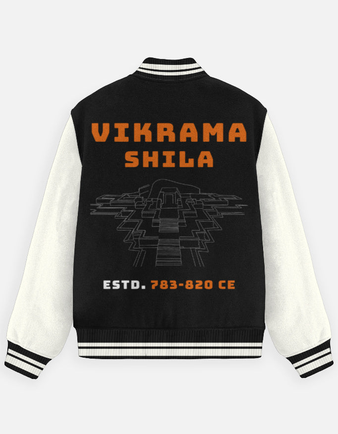 Outspoken Indian heritage varsity jacket black body with white sleeves and Vikrama Shila graphic