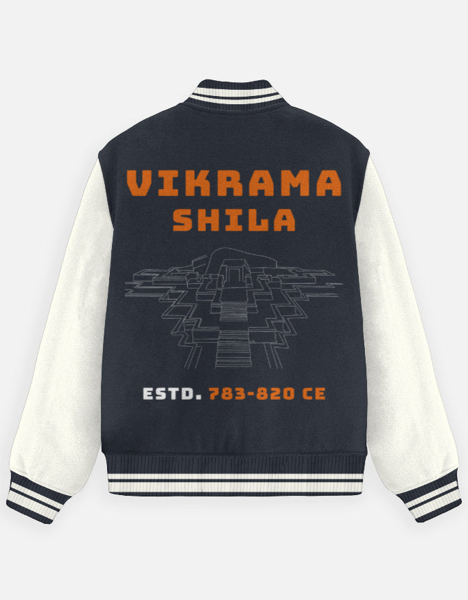 Outspoken Indian heritage varsity jacket with Vikramashila design and contrasting white sleeves