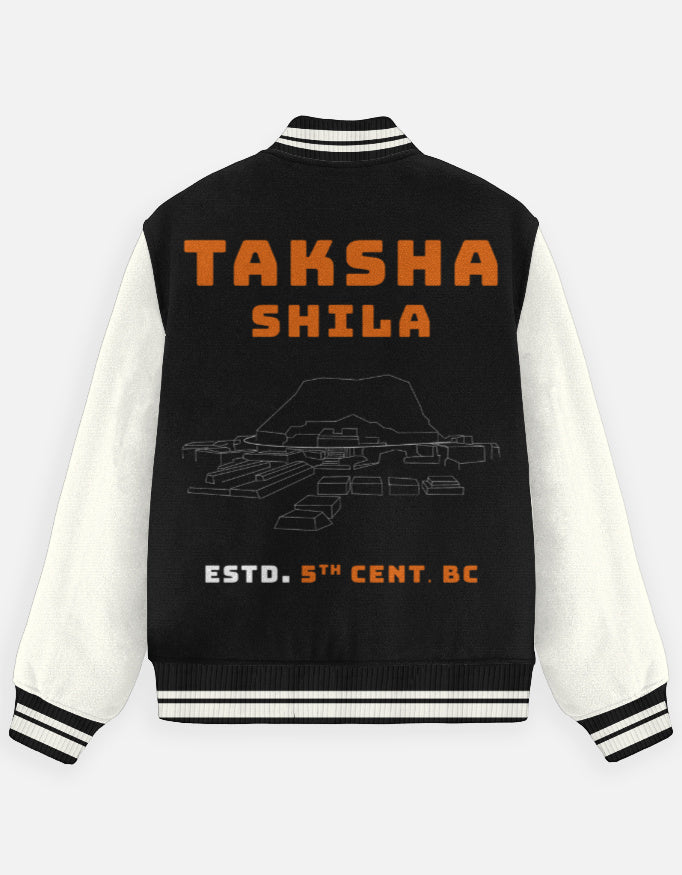 Outspoken Indian history varsity jacket featuring Takshashila design with white sleeves and black body