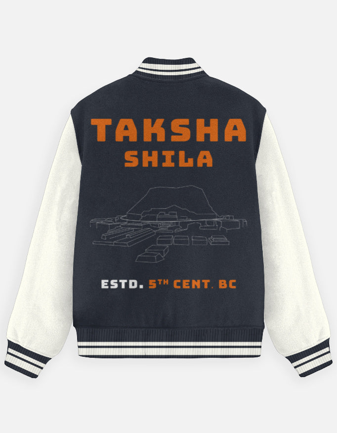 Outspoken Indian history varsity jacket with Takshashila print and 5th century BC design