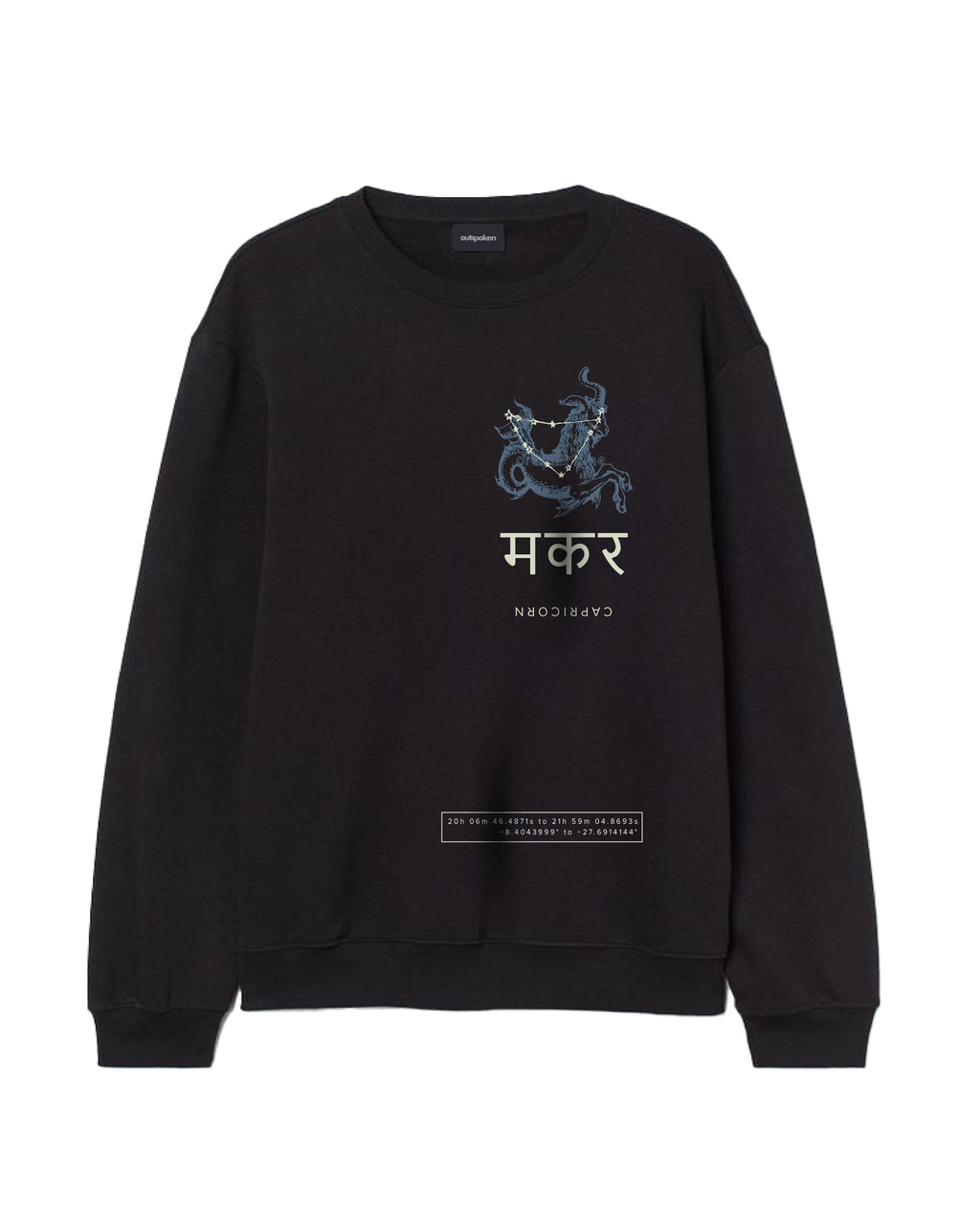 Outspoken black astrology graphic crewneck with zodiac constellation and symbol design on front