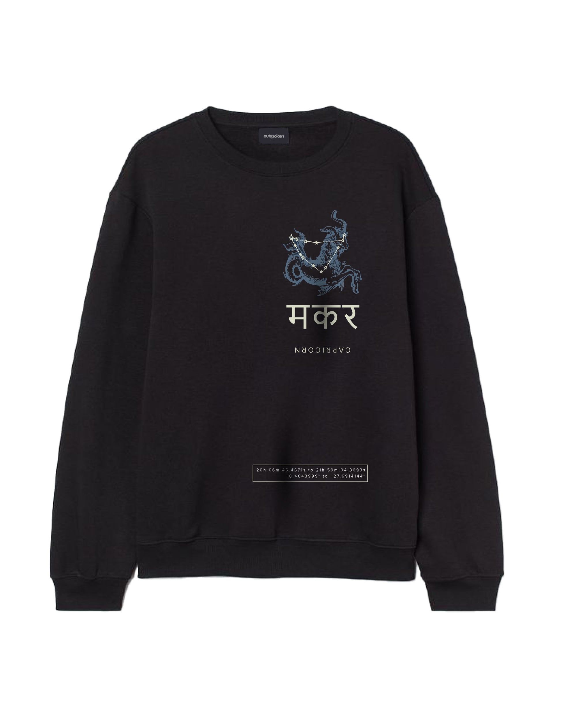 Outspoken black astrology graphic crewneck with zodiac constellation and symbol design on front
