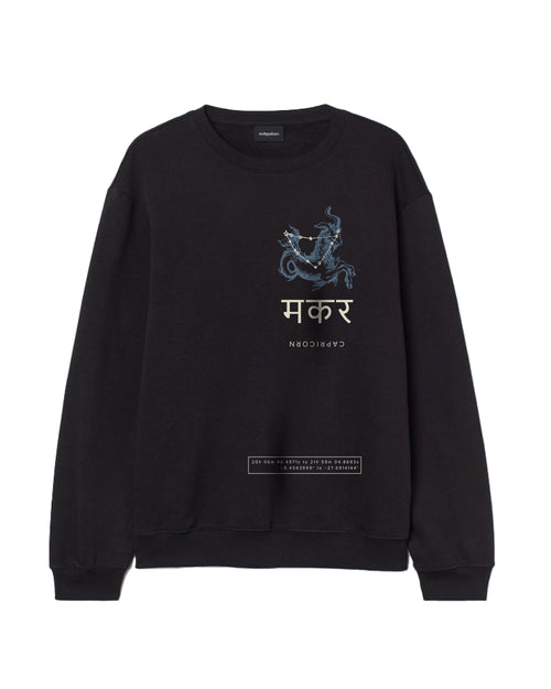 Outspoken black astrology graphic crewneck with zodiac constellation and symbol design on front